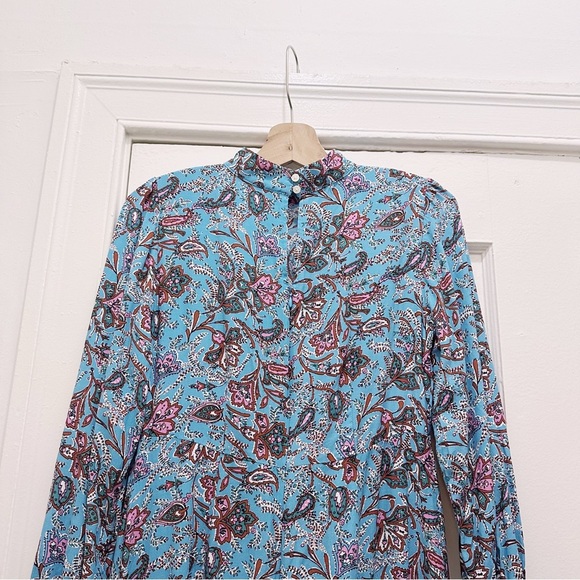 Loft Bohemian Floral Blue Midi Dress Leg Slit Paisley Long Sleeve - Picture 3 of 6